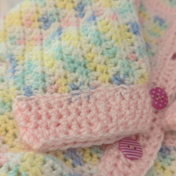 Pastel Rainbow infant handknitted romper with matching mittens‎ and booties - Picture 3 of 6